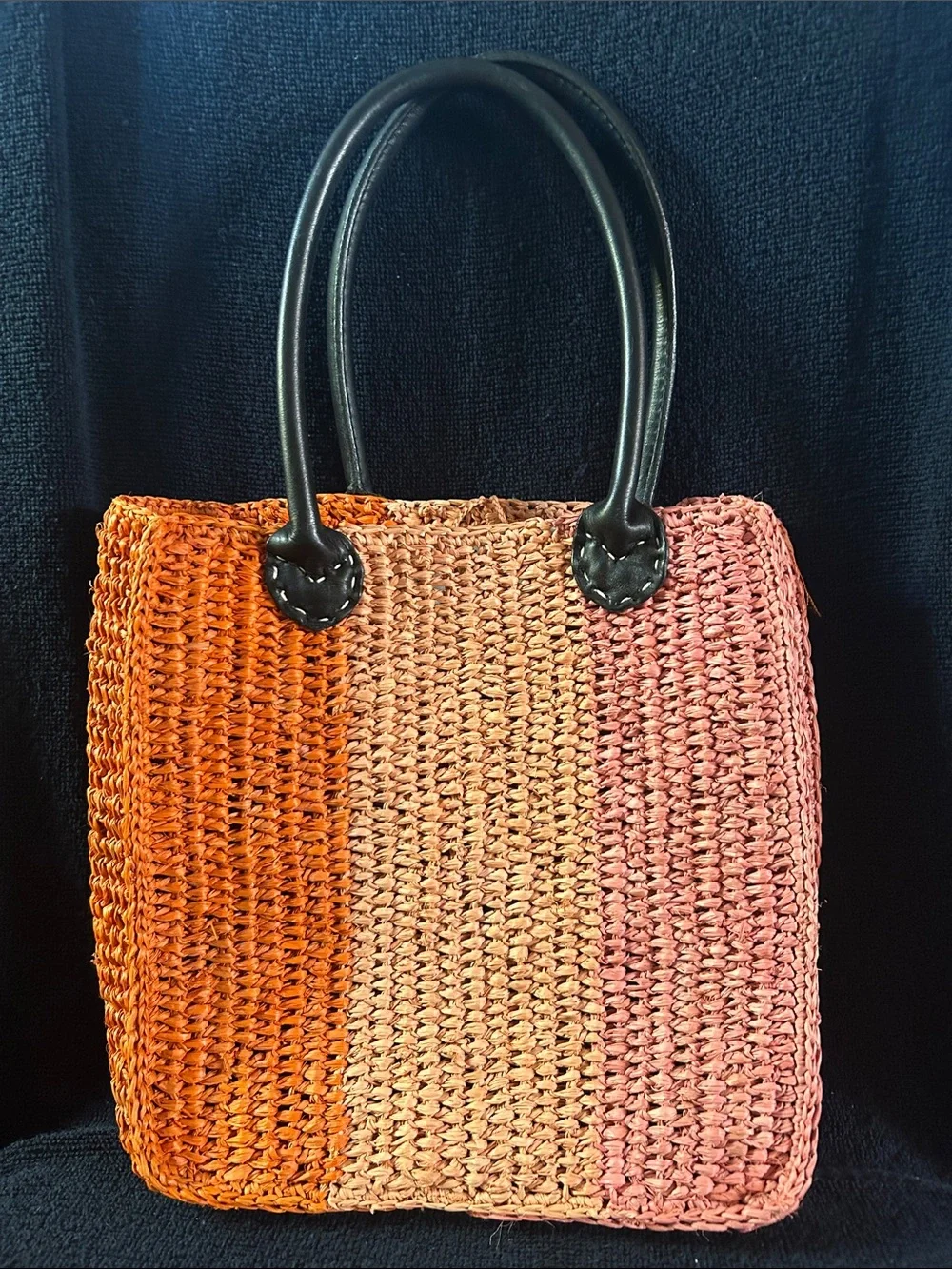 Annabel Ingal Australia 100% Raffia Tote, Leather Handles & Pearl Button Closure